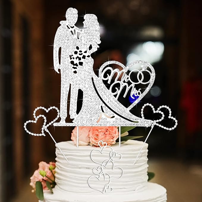 Spiareal 4 Pcs Wedding Cake Topper Mr and Mrs Rhinestone Bride and Groom Love Cake Topper Metal Crystal Heart Shaped Happy Engagement Anniversary Funny Diamond Party Decor for Bridal Shower(Silver)