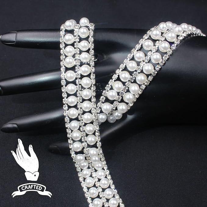 PEARLY JUN 1 Yard Pearl Rhinestone Trim Chain Silver Crystal Fringe Diamond Applique Ribbon String Tassel Strip for Sewing Wedding Dress Crafting Crafts Flower Embellishments