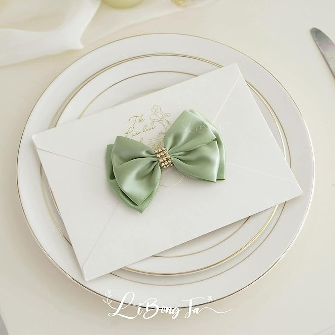 Sage Green Bows 4'' Premade Satin Ribbon Bow, Gift Bows with Rhinestone, Wrapping Bows for Presents, Greeting Cards, Treat Bags, Wine Bottles, Valentines Bows for Gift Wrapping-12 Counts