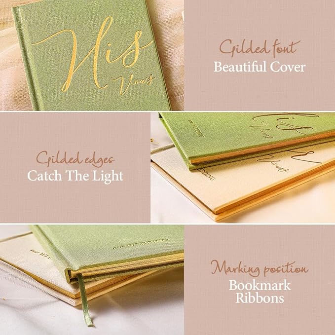 Vow Books His and Hers 2 Pack - 6 x 4 Inch Linen Hardcover Wedding Vow Books with Gold Foil Lettering & Bookmark, Wedding Ceremony Keepsake for Bride and Groom-His and Her Engagement Gift, 48 Pages