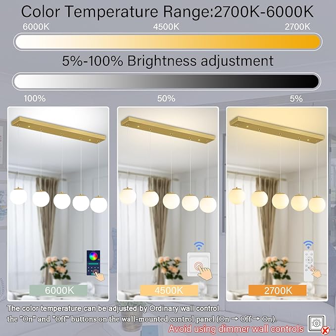 5-Lights Globe Pendant Light for Kitchen Island H 98" Gold Rectangle Chandelier Milk White Glass Pendant Lighting for Living Room Bedroom Entryway