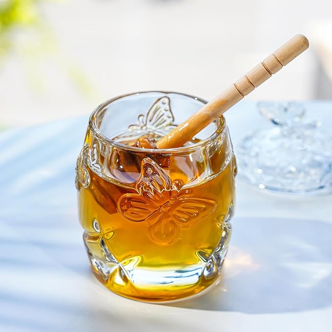 kanpura Clear Crystal Honey Jar with Dipper and Lid, Honey Bee Pot, 4.5oz Glass Honey Pot for Home Kitchen