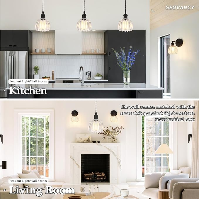 Vintage Black Rechargeable Pendant Light with 70 Inch Cord and Exquisite Tulip Clear Glass Shade for Kitchen Island, Living Room & Dining Room, Ideal Hanging Light for Multiple Spaces