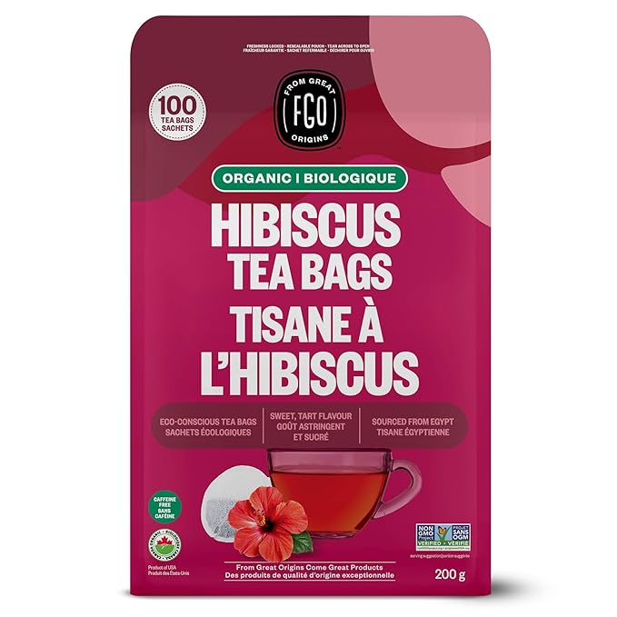 FGO Organic Hibiscus Tea, 100 Count, Eco-Conscious Tea Bags, Caffeine Free, Packaging May Vary (Pack of 1)