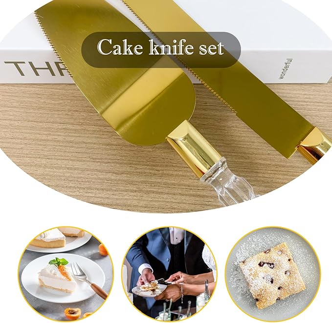 Elegant Cake Knife and Server Set - Stainless Steel with Crystal Handle - Perfect for Weddings & Anniversaries,and Special Celebrations (Gold)