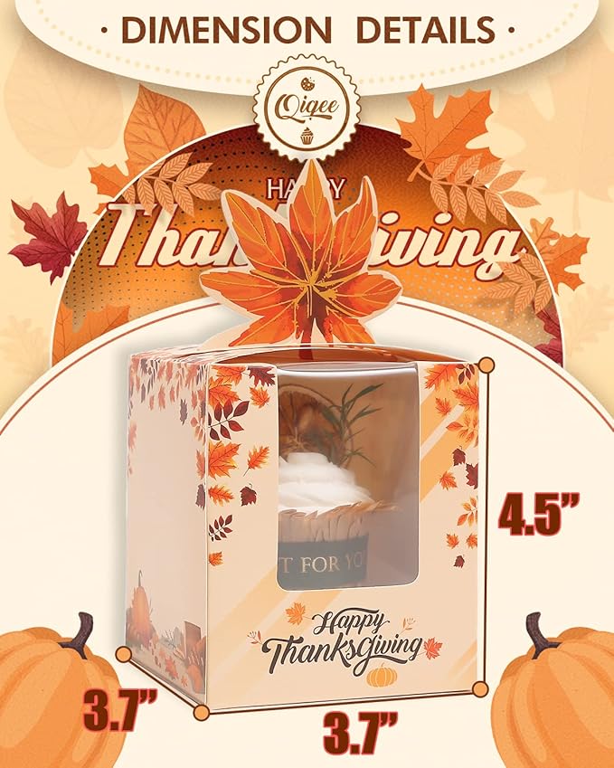 qiqee Thanksgiving Individual Cupcake Boxes Cupcake Holders Disposable 60pcs Single Cupcake Boxes with Window 3.7x3.7x4.5 inch Cupcake Containers For Thanksgiving