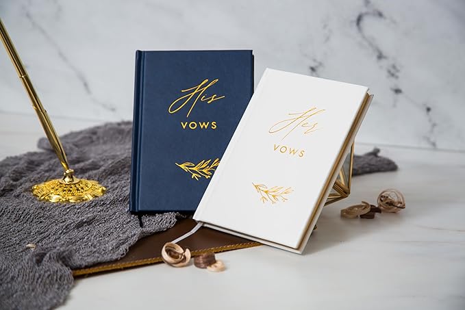 His and Her Vow Books (Set of 2) - Navy & White Hard Cover Gold Embossed Notebook Journal Diary for Nuptial Wedding Cerenomy Vow Renewal / Engagement Gift for Newly Engaged Couples at Bridal Shower