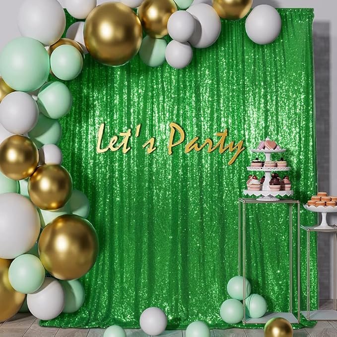 SquarePie Sequin Backdrop 8FT x 8FT Green Curtain Background for Christmas Wedding Party Decoration