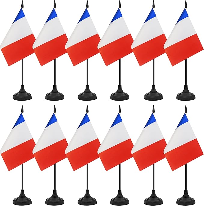 12 Pack France Desk Flag Set, French Table Office Flag, Small Miniature Desktop Flag With Black Pole and Black Base, Classroom, Offices Meeting Desk Decoration (France)