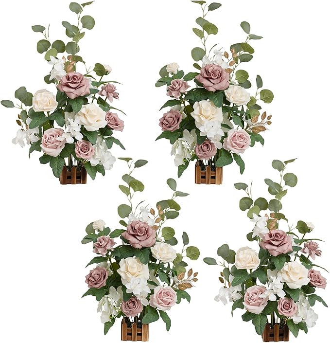 Ling's moment 17.5" Tall Standing Artificial Flowers Arrangements 4 pcs Wedding Aisle Runner Chair Decorations Dusty Rose Cream for Centerpieces Ceremony Reception Rose Floral Party Outdoor