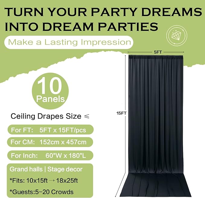 PartyVillage 50ft×15ft Black Backdrop Curtain for Halloween Parties, 10 Panels Wrinkle Free 15 FT Long Polyester Photo Backdrop Drapes Back Drop Cloth for Birthday Photography Background