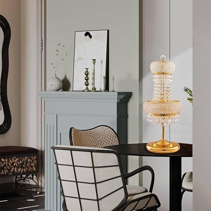 6-Lights Golden Finish Classic Empire Style K9 Crystal Ball Bedside Desk Table Lamp Night Light Fixture for Living Room Dining Room Bedroom Office Home Table Decoration (W 10 × H 22 inch)
