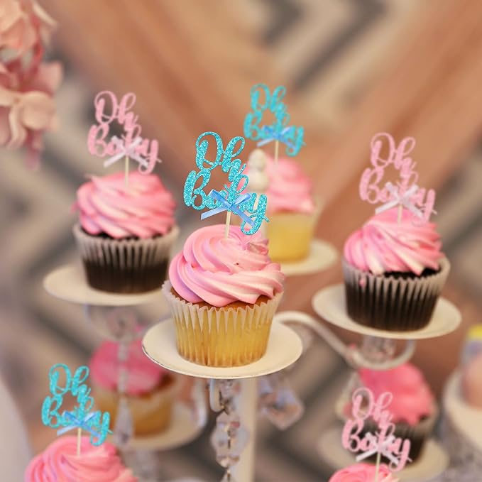 Gyufise 36Pcs Oh Baby Cupcake Toppers Pink Blue Bow Glitter Baby Shower Gender Reveal Cupcake Picks for Boy or Girl Theme Baby Shower Kids Birthday Party Cake Decorations Supplies