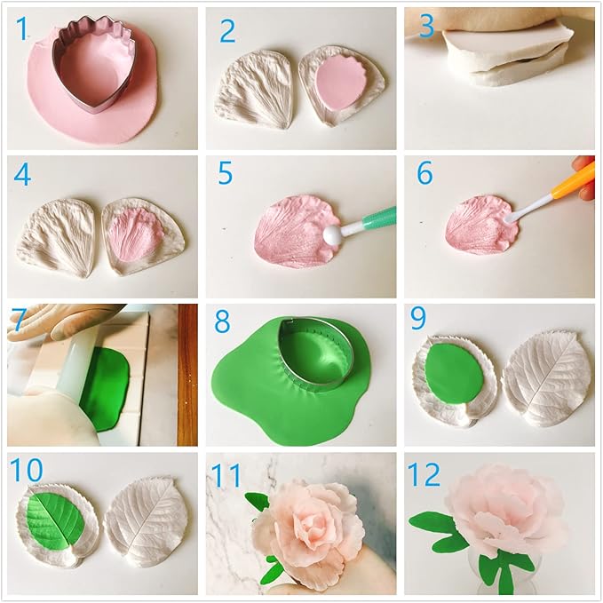 60pcs Gum paste Flower and Leaf Tool 6set Fondant Flower Silicone Molds 6set Gum Paste Cutter 20pcs Sugar Paste Modelling Tool 6pcs Brushes 1pcs Petal Leaves Veining Board Foam Pad