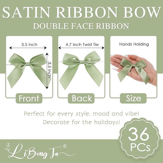 3.5" Sage Green Bow Satin Pre-Tied Bows for Gift Wrapping, Small Bows for Crafts, Premade Bows, Candy Apple Bows, Twist Tie Bows for Cake Decorating, Party Favor, Wedding Decoration-36 Counts
