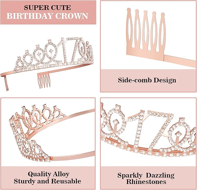 17th Birthday Decorations for Girls Including Birthday Girl Sash, Crown, Numeral Candles and Cake Topper, 17 Year Old Decorations Gifts, Rose Gold Party Decor Supplies