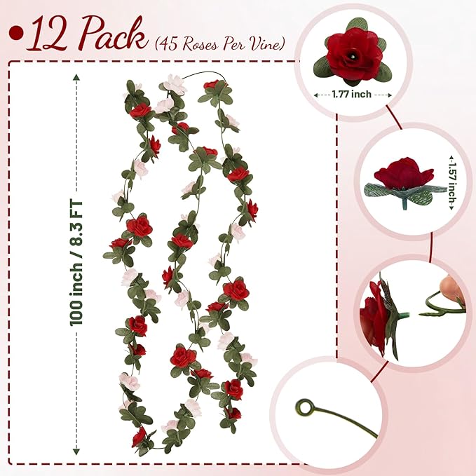 12 Pcs 99 Ft Flower Garland Rose Vines, Rose Garland for Decoration, Flower Vine for Room Table Birthday Wedding Party Garden Wall Decor
