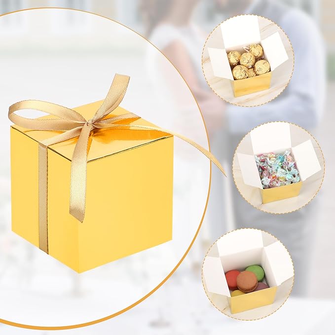 EUSOAR Small Gift Boxes with Lids, 30pcs 3x3x3 Inches Gold Boxes Small Treat Box with Ribbons, Cube Candy Box Mini Muffins Macaron Container for Wedding Birthday Party Advent Calendar DIY Supplies