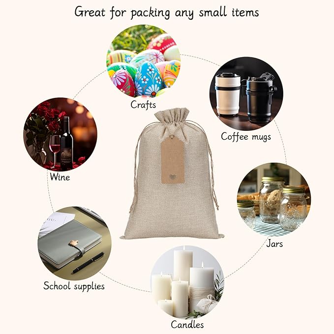 Tapleap Burlap Gift Bags with Drawstring - 10Pcs 8x12 Original Sacks with String and Tags for Wrapping Halloween Favors, Clothes, Toiletries, Breads, Mason Jars, For Birthday, Wedding