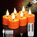 FREEPOWER Orange Halloween Candles,Rechargeable Flameless Candles with Remote Timer, Soft 3D Wick LED Tealights Candle, Rechargeable Candles Flickering Realistic for Halloween Decorations,Set of 6