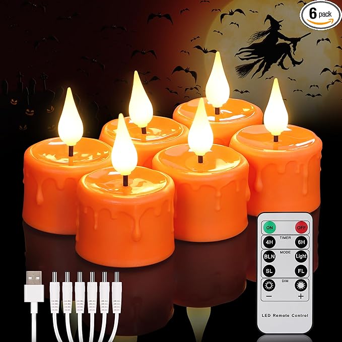 FREEPOWER Orange Halloween Candles,Rechargeable Flameless Candles with Remote Timer, Soft 3D Wick LED Tealights Candle, Rechargeable Candles Flickering Realistic for Halloween Decorations,Set of 6