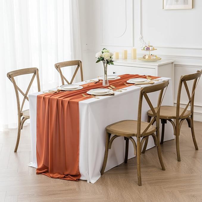 1Pack 9ft Chiffon Table Runner 14x108 Inch Sheer Romantic Table Runner for Wedding Birthday Party Bridal Shower Outdoor Decoration-Rust