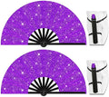 13" Large Folding Rave Fan with Holster, Clack Hand Fans Foldable for Line Dancing, Boots On The Ground Fan for Women Men Festival EDM Party Decoration, Glitter Purple 2 Pack