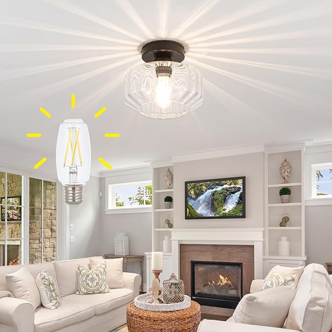 Semi Flush Mount Ceiling Light with Hexagonal Diamond Textured Glass, Matte Black Base & Includes 1200LM LED Bulb - Kitchen Lighting, Hallway Light Fixture, Bathroom Ceiling Light Fixture