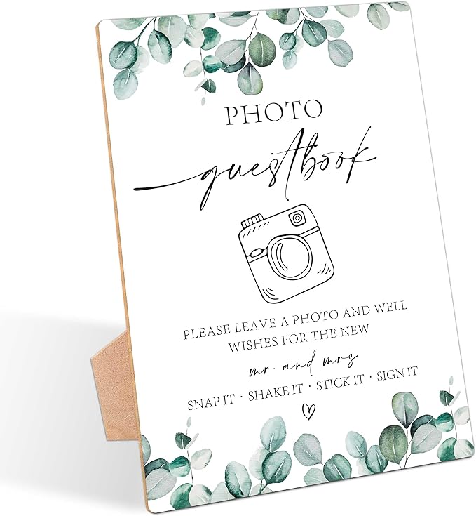 Photo Guestbook Sign, Greenery Wedding Ceremony, Pack of 1 Wooden Tabletop Sign with Stand, Wedding Supplies, Engagement and Reception Decorations - LD24