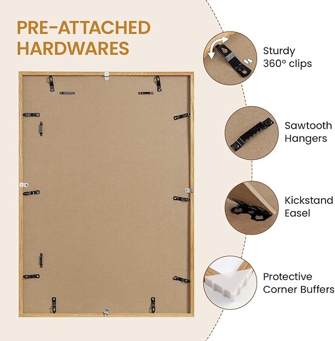 19x27 Picture Frame Oak Wood,19"x27" Natural Oak Color Wooden Frames with Tempered Glass,27x19 inch Wall Gallery Poster Frame with No Mat,19 by 27 Frames Horizontal and Vertical for Wall Mounting
