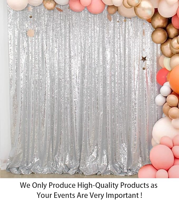 ShinyBeauty Sequin Curtains Silver 4FTx8FT Sequin Photo Backdrop Silver Sequin Backdrop Curtain Glitter Photography Backdrop Bridal Shower Backdrop for Wedding Party Decor