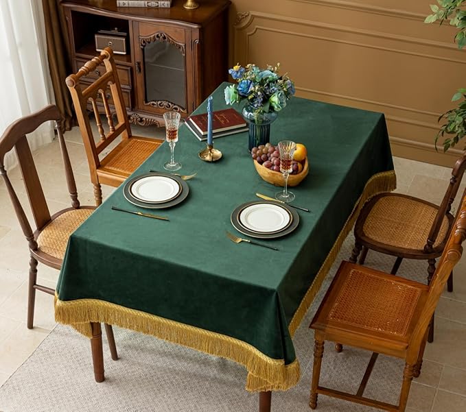 F-CHU Luxury Green Tablecloth Thickset Velvet Tablecloth with Beautiful Gold Tassels Table Cloth for Home Decor Wedding, Party, Banquet and Events 60x102-Inch
