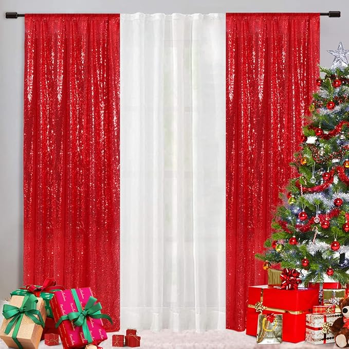 Eternal Beauty Red Sequin Backdrop Curtains, Valentine's Day Shimmer Back Drop 2Panels-3FTx7FT for Christmas, Party, Birthday, Photography, Wedding, Baby Shower Event Decoration