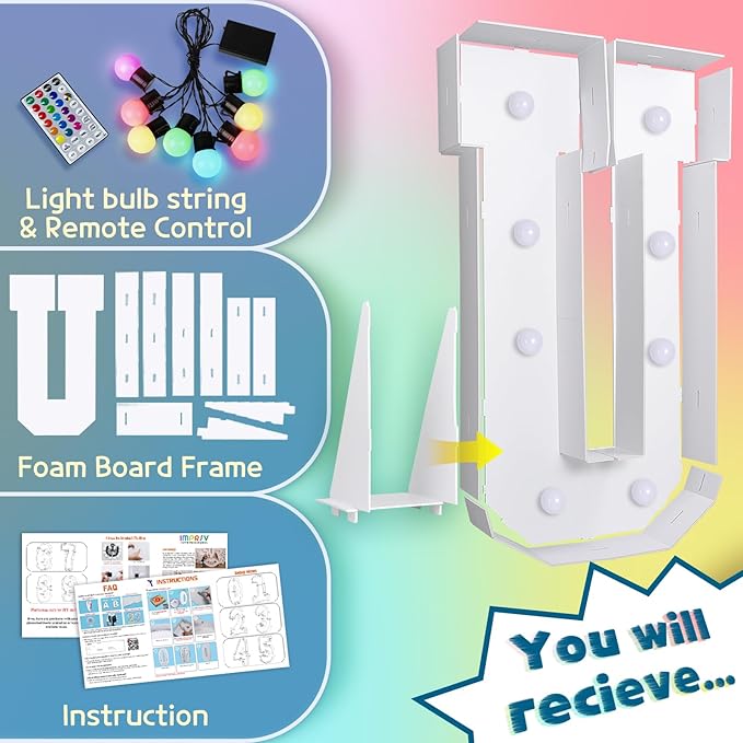 imprsv 3FT Colorful Marquee Light Up Letters U, 18 Colors Light Up Sign Alphabet Sign with Remote, One Letters First Birthday, Large Letters for Birthday Engagement Anniversary Wedding Party Decor