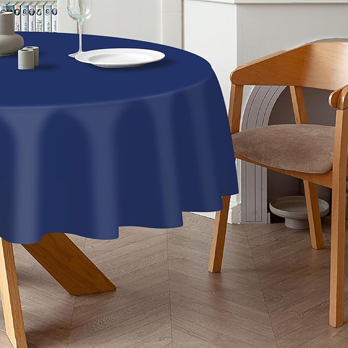 QIKSION Navy Blue Round Tablecloth 3 Pack, 84 Inch Plastic Table Cover Disposable for Parties