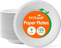 ECOLipak 125 Pack Paper Plates 9 inch 100% Compostable Heavy-Duty Dinner Plates Disposable Bagasse Deep Dish Natural Biodegradable Eco-Friendly Sugarcane(White)