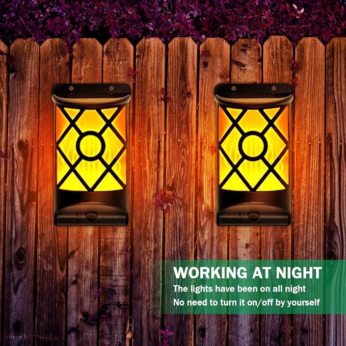 6 Pack Solar Flame Lights Outdoor Waterproof - Realistic 3D Flickering Flame Wall Lantern with 66 Ultra-Bright LEDs - Auto On/Off Fire Effect Lighting for Fence, Patio, Garden Decor