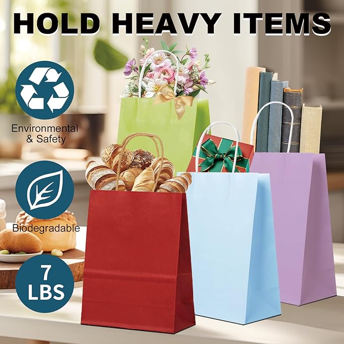 BAG BOX 100 Pack 8.3 * 4.3 * 10.6 Inch Purple Gift Bags with Handles,Bulk Kraft Paper Bags for Shopping, Retail, Merchandise, Wedding, Party Favors, Paper Grocery Sacks