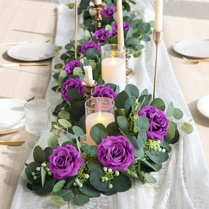 MACTING 4 Pack 26.4FT Eucalyptus Garland with Lights - Spring Gypsophila Flower Garlands with 48 Purple Roses Artificial Floral Greenery Vines for Arch Table Centerpieces Backdrop Party Wedding Decor