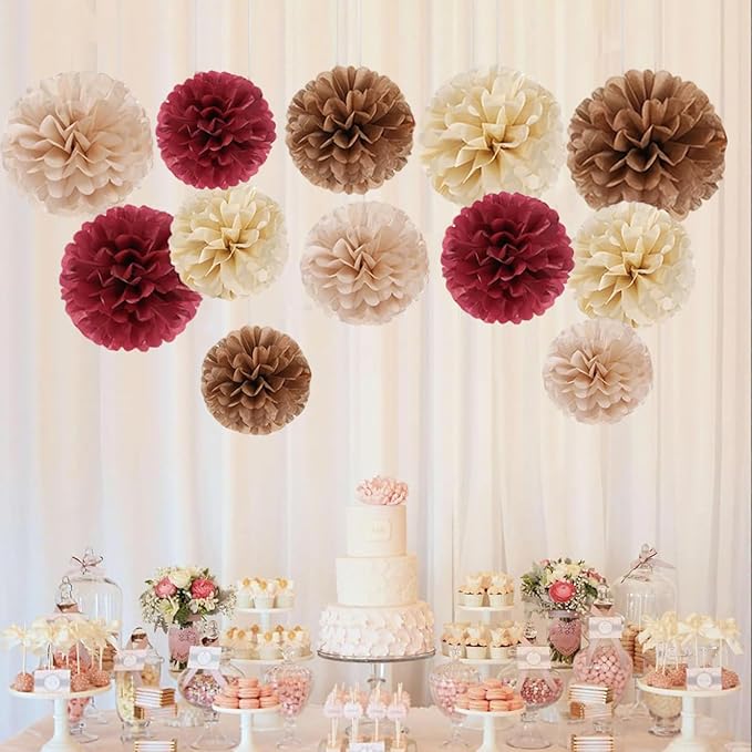 Capesaro Burgundy Beige 12PCS Paper Pom Poms Party Decorations for Engagement,Boho Wedding,Baby Shower