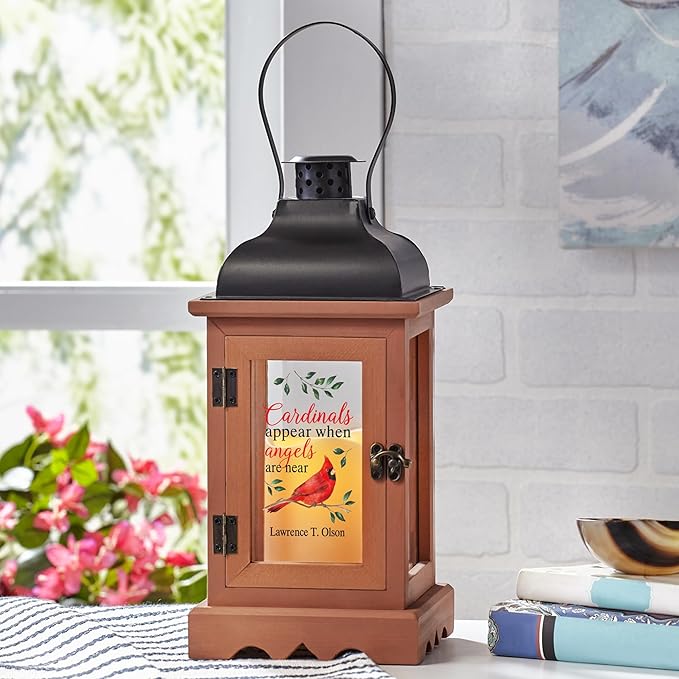 Let's Make Memories Personalized Memorial Lantern with LED Candle - Sympathy Gift - Condolences - in Memory - Automatic Timer - Wood/Metal - Cardinals Appear When Angels are Near