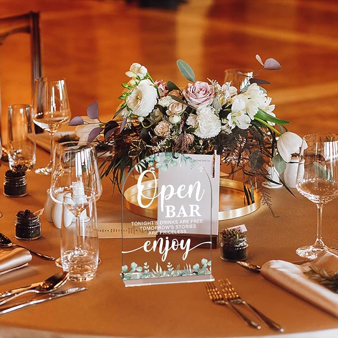 Acrylic Wedding Sign Open Bar Signs for Ceremony Modern Calligraphy Arch Acrylic Table Top Signs for Wedding Reception and Event Party Table Decor (Eucalyptus Leaves)