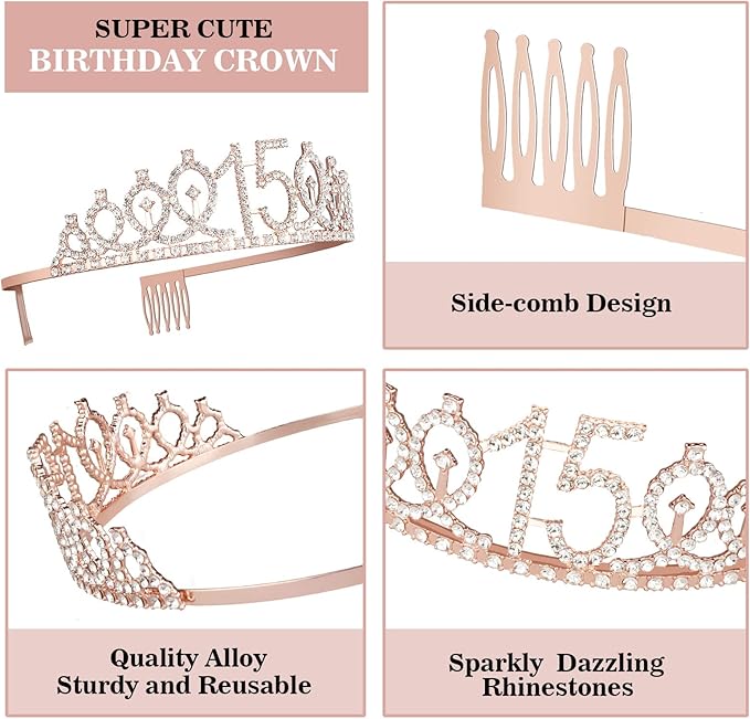 15th Birthday Decorations for Girls, Including Sash, Crown/Tiara, Candles, Cake Toppers. 15th Birthday Gifts for Girls