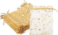 PATIKIL 100 Pcs 5x7 Inch Heart Printed Organza Bags, Gold Sheer Heart Organza Bags with Drawstring for Christmas Candy Jewelry Party Wedding Favor Gift
