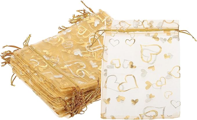 PATIKIL 100 Pcs 5x7 Inch Heart Printed Organza Bags, Gold Sheer Heart Organza Bags with Drawstring for Christmas Candy Jewelry Party Wedding Favor Gift