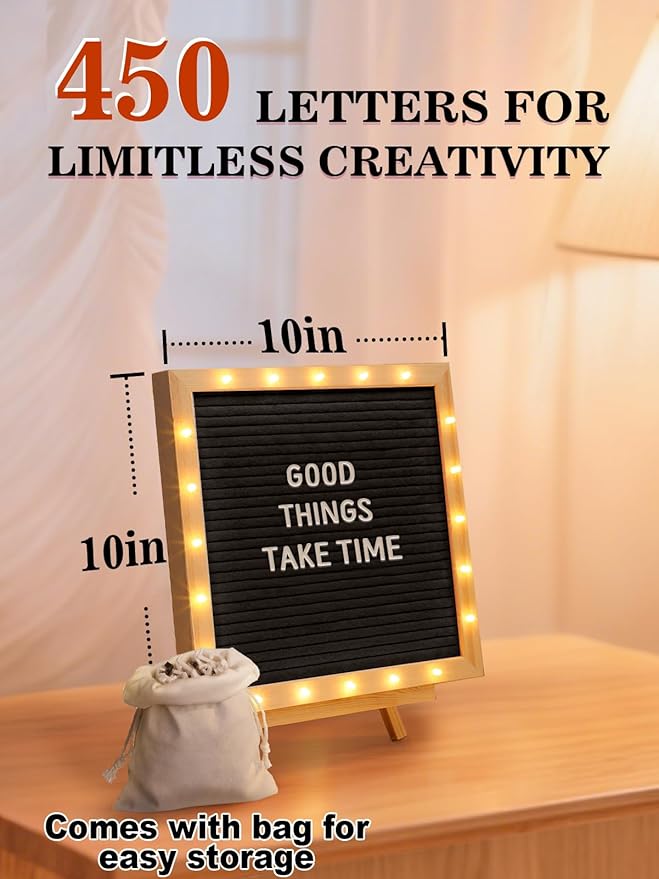 Light up Changeable Felt Letter Board Sign with LED Lights - 10×10" Message Board & Wood Stand & 450 Letters, for Halloween/Birthday/Event/Pregnancy/Baby Announcement/Home Wall Decor Gifts, Black