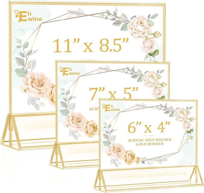 EHWINE 4 Pack Acrylic Sign Holder 8.5 x 11 Horizontal, Double-Sided Stand up Table Top Sign Holders, Gold Acrylic Picture Frame Menu Flyer Paper Holder Display Stand for Office Business Store Wedding Party