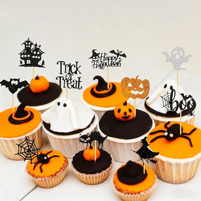 60Pcs Halloween Cupcake Toppers, Bat Pumpkin Ghost Cupcake Decorations for Halloween Party Supplies, Black Multi Style1
