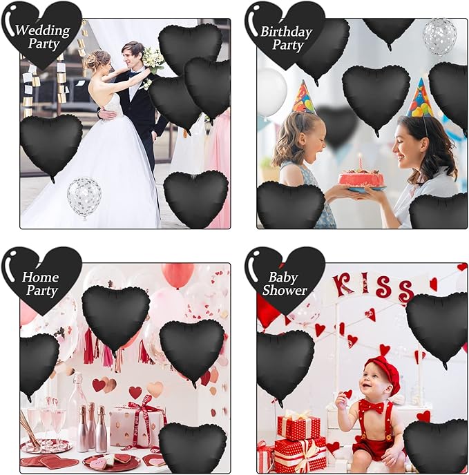 Foil Heart Balloons - 10 Black Heart Shaped Balloons, 18inch Metallic Foil for Valentines Day, Wedding, Birthday, Halloween Party