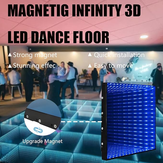 Dance Floor Stage Lights Tempered Glass Infinity Mirror Panel 3D Effect Led Dance Floor for Wedding Party Customizable (3D-Magnetic, 36PCS(9.8FTX9.8FT))
